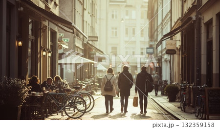 セピア色のヨーロッパ街角 — 歩行者が行き交うレトロな午後 132359158