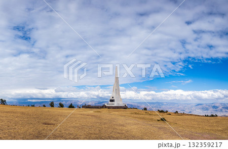 Commemorative obelisk that represents the Battle of Ayacucho in the Pampa de la Quinoa. Panoramic 132359217