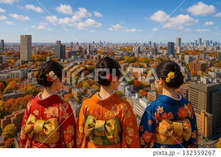 ニュウマン高輪より都庁方面の街並みを望む　紅葉 132359267