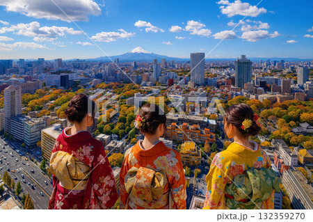 ニュウマン高輪より富士山方面の街並みを望む 紅葉 ニュウマン高輪より富士山方面の街並みを望む 紅葉 132359270