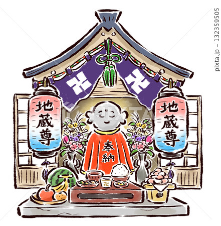 地蔵盆 提灯などで飾られたお地蔵さんの祠 地蔵盆 提灯などで飾られたお地蔵さんの祠 132359505