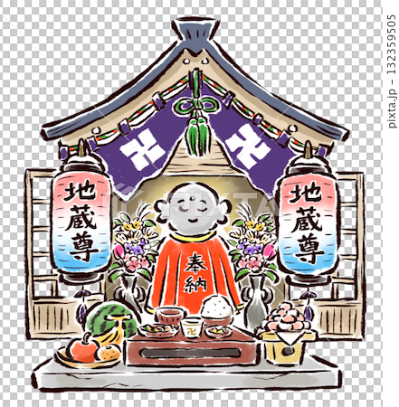 地蔵盆 提灯などで飾られたお地蔵さんの祠 地蔵盆 提灯などで飾られたお地蔵さんの祠 132359505