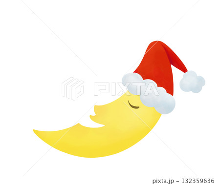 サンタ帽をかぶって眠る三日月の水彩イラスト 132359636