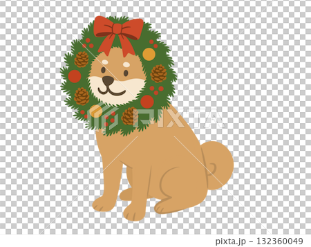 Illustration of a Shiba Inu wearing a Christmas wreath Illustration of a Shiba Inu wearing a Christmas wreath 132360049