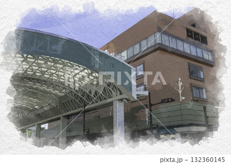 水彩画風　鳥取駅前　鳥取大丸（丸由百貨店）とサンロードアーケード　鳥取県鳥取市 132360145