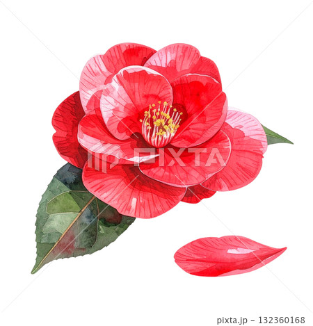 赤い椿の水彩イラスト 132360168