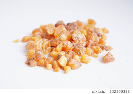 Frankincense or olibanum aromatic resin isolated on white background used in incense and perfumes. 132360358