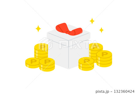 山積みのポイントコインとななめのプレゼントボックス【ベクターイラスト素材】 132360424