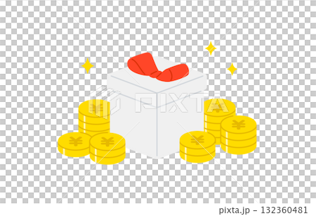 Piles of yen coins and a diagonal gift box [Vector illustration material] 132360481