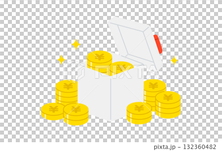 一堆日圓硬幣和一個打開蓋子的禮物盒[向量插圖素材] 132360482