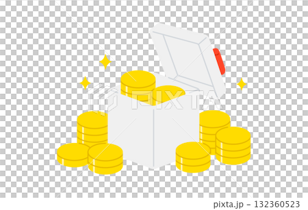 Piles of coins and a gift box with an open lid [Vector illustration material] 132360523