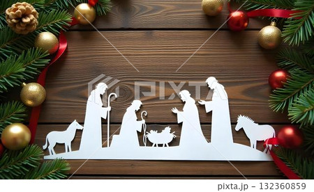 Simple yet beautiful paper cut nativity scene representing the birth of Christ with key figures and a starry backdrop 132360859