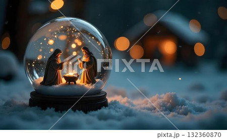 A snow globe filled with three nativity scenes, featuring the birth of Christ, angels, and the Star of Bethlehem A snow globe filled with three nativity scenes, featuring the birth of Christ, angels, and the Star of Bethlehem 132360870