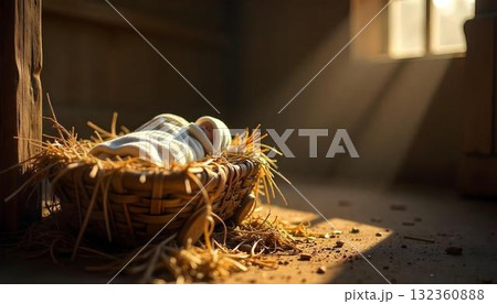 A cozy manger draped with a blanket, placed in a warmly lit room, representing the birth of Jesus in a Nativity scene 132360888