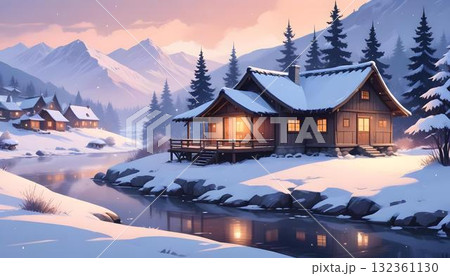 Enchanted winter scene featuring a cabin,...のイラスト素材 [132361130] - PIXTA