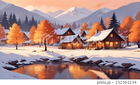 Winter village in the mountains with snow-covered trees, a frozen river, and cozy cabins adorned with Christmas lights Winter village in the mountains with snow-covered trees, a frozen river, and cozy cabins adorned with Christmas lights 132361134