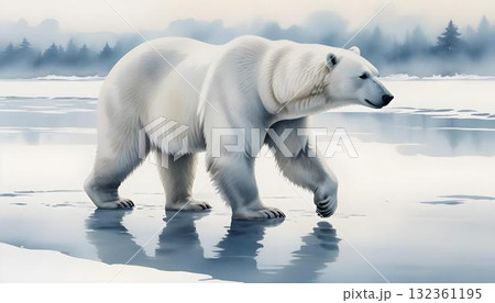 A serene watercolor depicting polar bears among snow-covered trees, a frozen lake, and a cozy cabin in a winter landscape 132361195