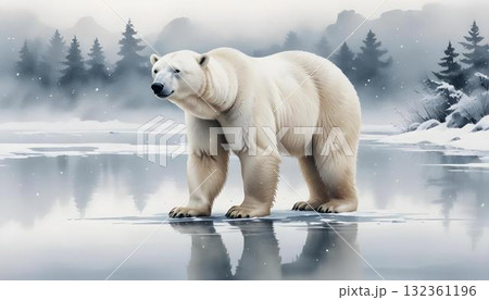 Watercolor scene of multiple polar bears in a snowy forest with mountains, a frozen lake, and a cozy cabin in winter 132361196