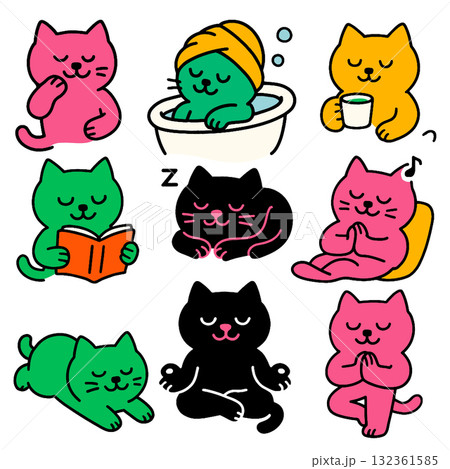 Cute cat illustration relaxing meditating reading bathing drinking sleeping playful colorful 132361585