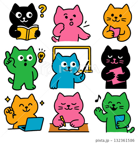 Cartoon cat book question surprised teaching writing happy colorful learning 132361586
