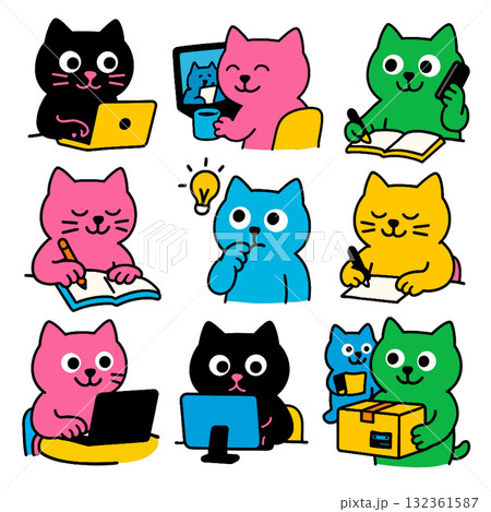 Cartoon cat working on laptop, writing, thinking, talking on phone, and holding box Cartoon cat working on laptop, writing, thinking, talking on phone, and holding box 132361587