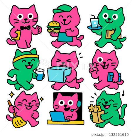 Cute pink and green cartoon cat character set, performing various daily activities with cheerful Cute pink and green cartoon cat character set, performing various daily activities with cheerful 132361610