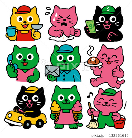 Cartoon cat green pink black working cleaning eating driving happy cute playful colorful Cartoon cat green pink black working cleaning eating driving happy cute playful colorful 132361613
