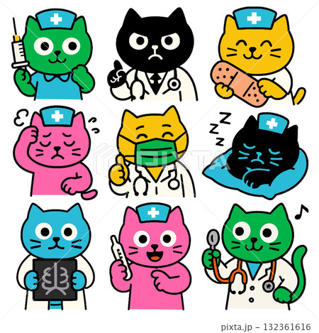Nurse cat doctor cat medical mask stethoscope syringe x ray cartoon cheerful colorful 132361616