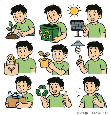 Eco friendly boy planting tree, recycling, using solar energy, reusable bag, and saving water 132361617