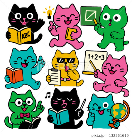 Cartoon cat book chalkboard math and globe playful learning education cheerful 132361619