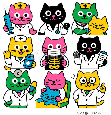 Cartoon cat doctor nurse holding syringe stethoscope clipboard medicine pill x ray happy Cartoon cat doctor nurse holding syringe stethoscope clipboard medicine pill x ray happy 132361620