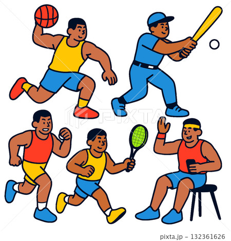 Basketball player, baseball player, runner, tennis player, and relaxed athlete cartoon Basketball player, baseball player, runner, tennis player, and relaxed athlete cartoon 132361626