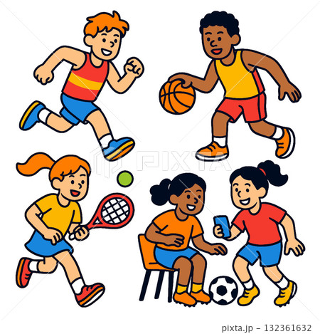 Children running, playing basketball, tennis, and soccer, smiling and energetic, active lifestyle 132361632