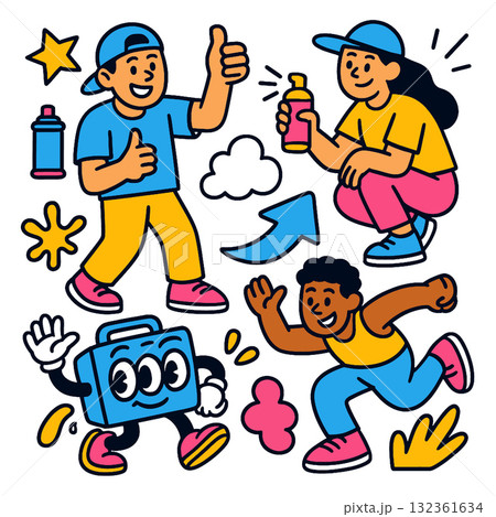 Happy cartoon people, spray paint, and smiling suitcase character with playful doodles Happy cartoon people, spray paint, and smiling suitcase character with playful doodles 132361634