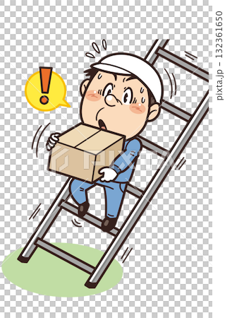 不安定な状態の脚立で危険な高所作業中の工場・現場の作業員イラスト｜不安全行動・不安全状態・労働災害 132361650