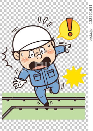 Illustration of a factory or site worker tripping over piping or pipes at his feet | Unsafe behavior, unsafe conditions, and industrial accidents Illustration of a factory or site worker tripping over piping or pipes at his feet | Unsafe behavior, unsafe conditions, and industrial accidents 132361651