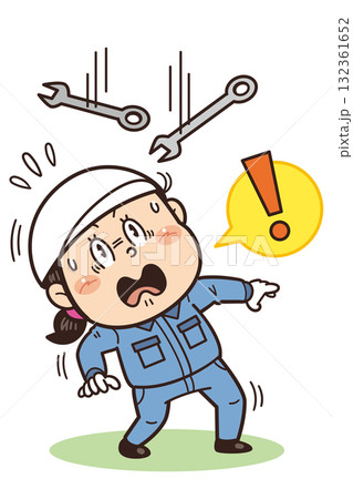 スパナなどの落下物や飛来落下に驚いている工場・現場の作業員イラスト｜不安全行動・不安全状態・労働災害 132361652