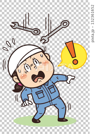 工廠/現場工人因扳手等墜落或飛出的物體而受到驚嚇的插圖 | 不安全行為、不安全條件和工業事故 工廠/現場工人因扳手等墜落或飛出的物體而受到驚嚇的插圖 | 不安全行為、不安全條件和工業事故 132361652