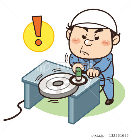 保護具を着用せず不安定な場所でサンダー作業中の工場作業員イラスト｜不安全行動・不安全状態・労働災害 132361655