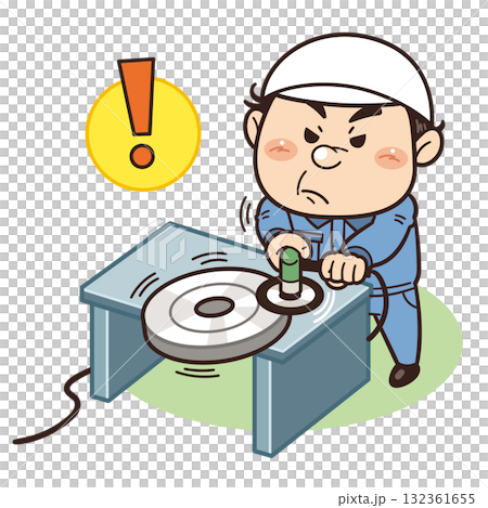 工廠工人在不穩定的地方使用砂光機工作且未佩戴防護設備的例子 | 不安全行為、不安全條件和工業事故 132361655