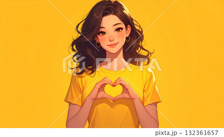 手でハート型をしている若い女性 黄色い背景 AI生成素材 手でハート型をしている若い女性 黄色い背景 AI生成素材 132361657