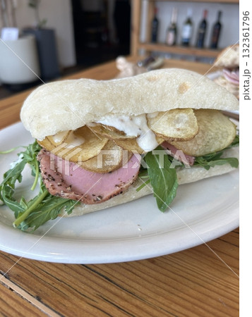 Delicious sandwich filled with fresh ingredients like crisp vegetables, tender meats, and savory spreads, all between two slices of soft bread. Perfect for a quick and satisfying meal. Delicious sandwich filled with fresh ingredients like crisp vegetables, tender meats, and savory spreads, all between two slices of soft bread. Perfect for a quick and satisfying meal. 132361796