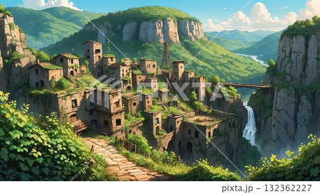 ゲーム背景　かつての採掘場あとの古代文明遺跡廃墟 132362227