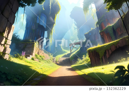 ゲーム背景　かつての採掘場あとの古代文明遺跡廃墟 132362229