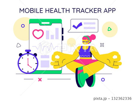 Mobile Health Tracker App Illustration Featuring Telemedicine Device For Heartbeat, Temperature, And Body Activity Monitoring To Mental Wellness 132362336