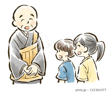 お坊さんとお話しする子どもたち 132362477