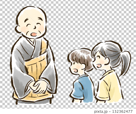 お坊さんとお話しする子どもたち 132362477