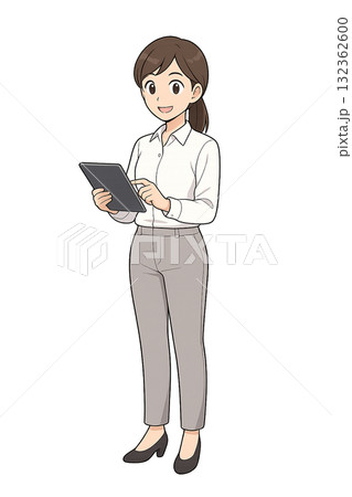タブレットを操作する若いビジネスウーマン（アニメ風イラスト） 132362600