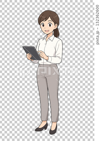タブレットを操作する若いビジネスウーマン（アニメ風イラスト） 132362600