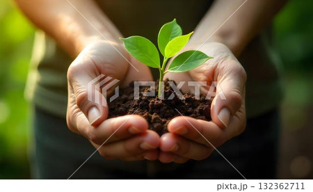 Hands supporting a young plant with soil, representing the connection between gardening, ecology, and soil conservation efforts 132362711